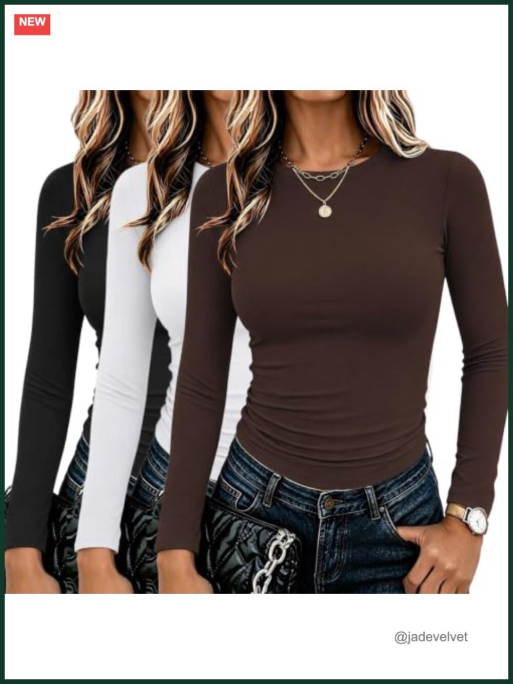 Women's 3 Pack Long Sleeve Fitted Crew Neck Tee Soft Stretch Basic Tops